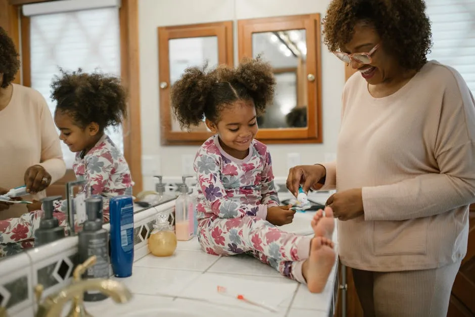 Mother and Daughter Cleaning Teeth Together