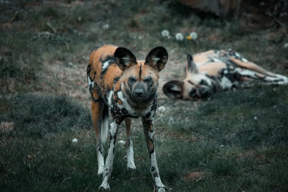 African Wild Dogs on a Grass Field