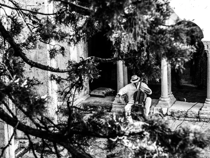 Black and White Cellist in Roman Ruins