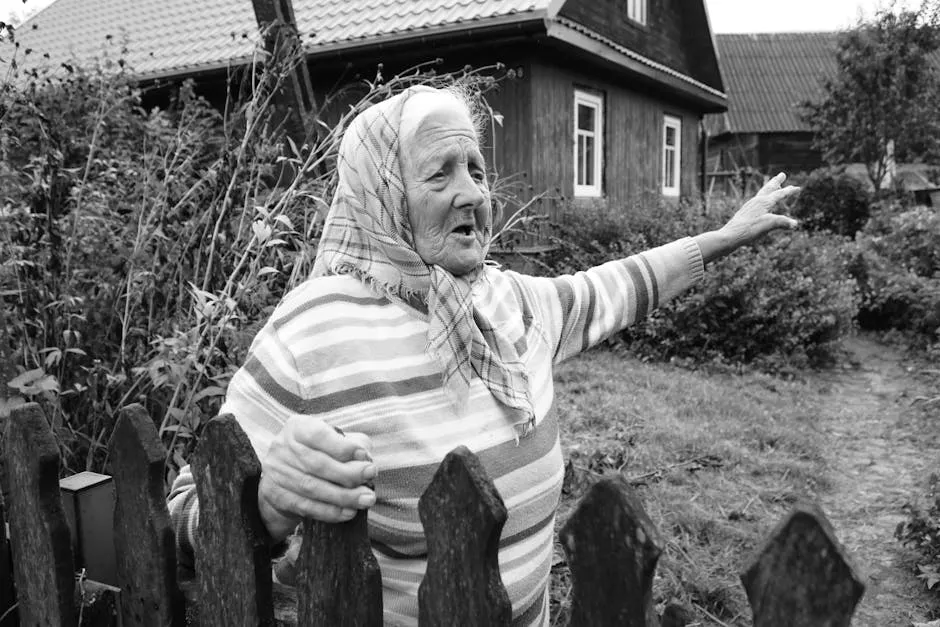 Elderly Woman Gesturing in Rural Setting