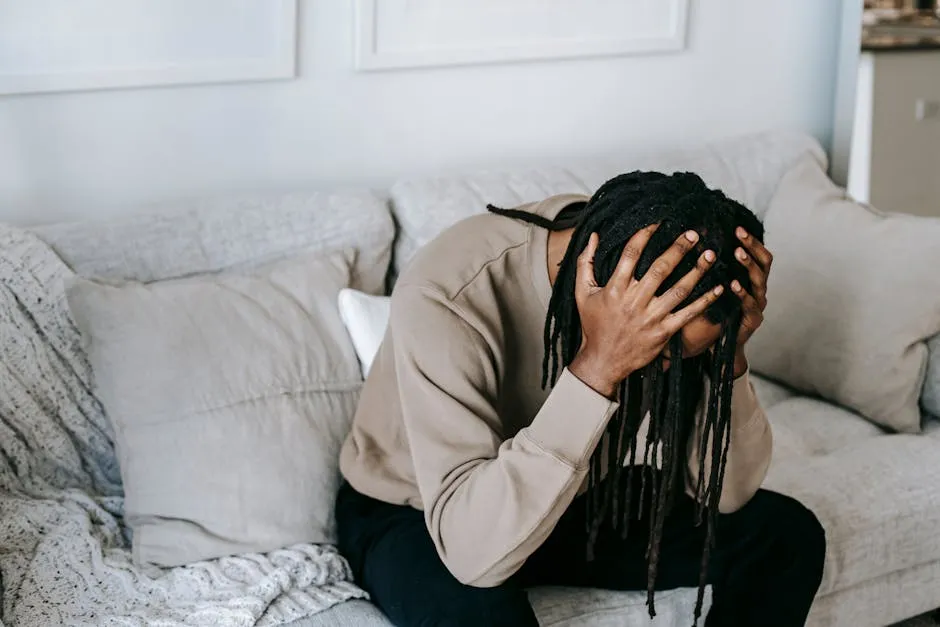 Tormented African American male with dreadlocks sitting on sofa with hands on head during psychotherapy session in cozy room