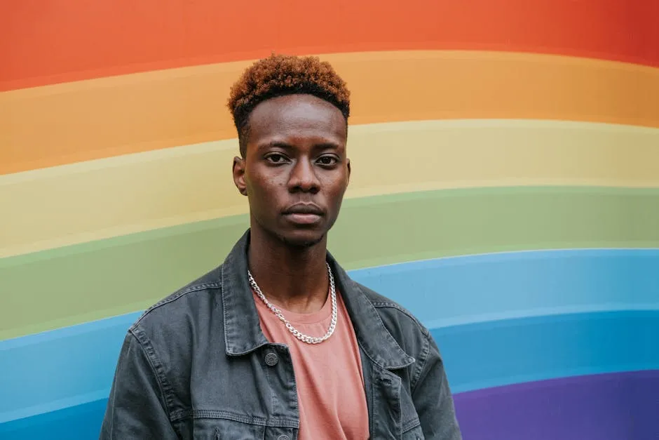 Stylish young black guy standing near wall with rainbow flag