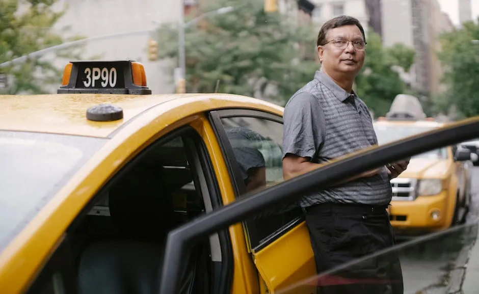 Pensive man standing near taxi