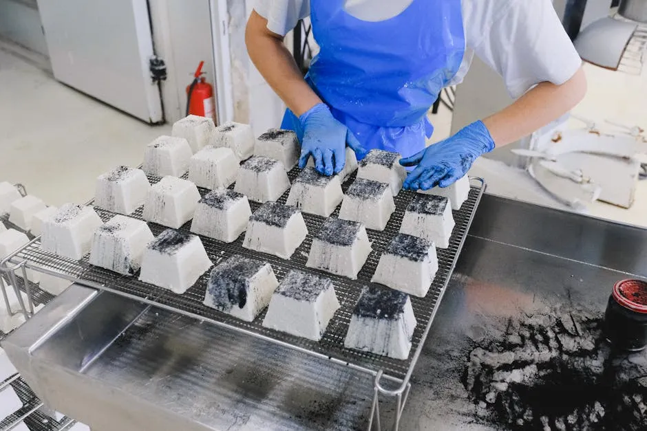Person in Blue Apron and Blue Gloves Working in a Factory