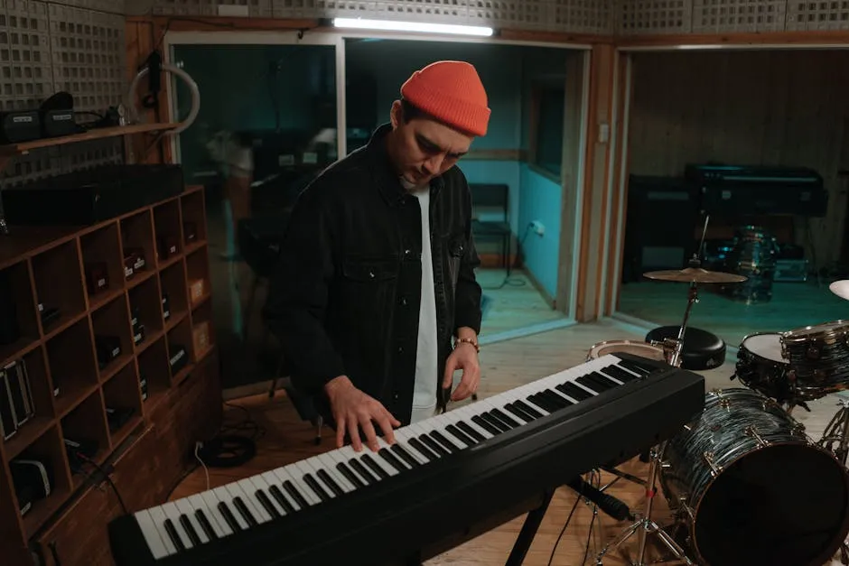 A Man Playing Piano inside a Music Studio