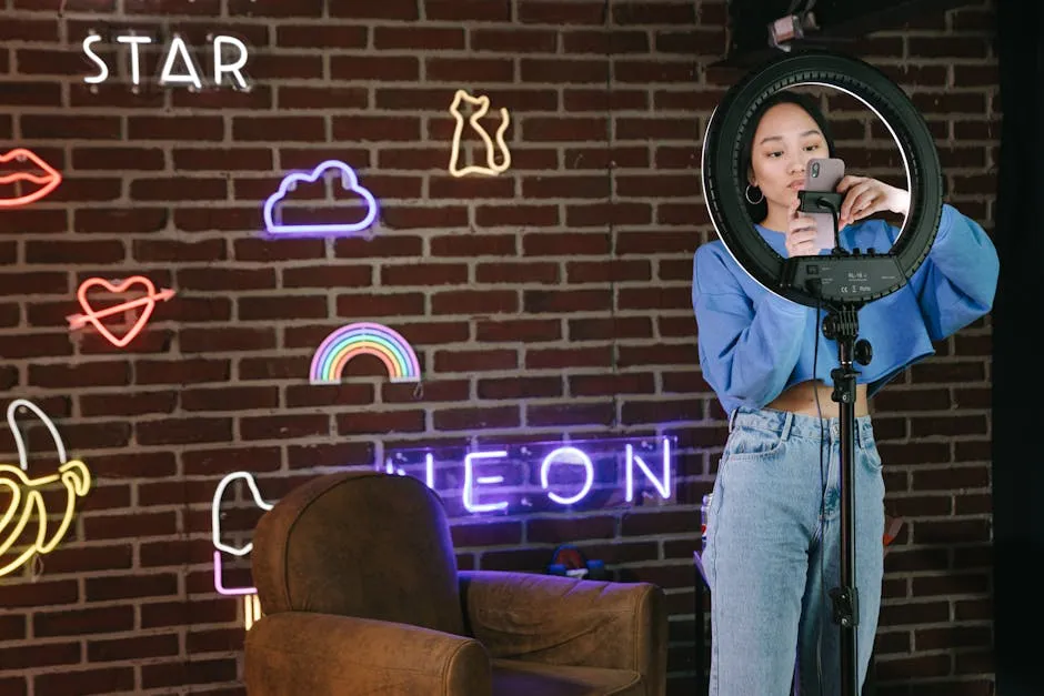 A Woman Using Her Phone while Attached on a Ring Light