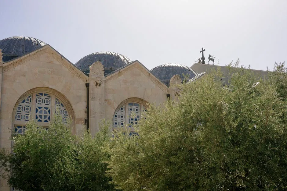 Building and Olive Trees in Garden of Gethsemane, Jerusalem, Israel