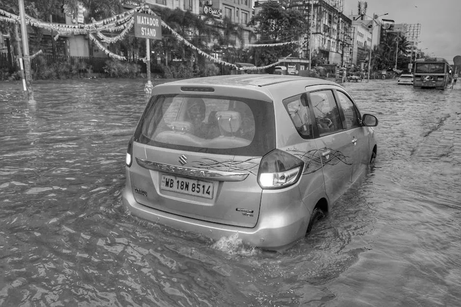 A Car Driving on a Flooded Street