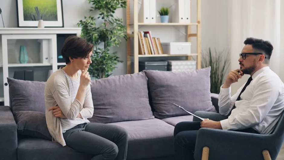 A man and woman sitting on a couch talking