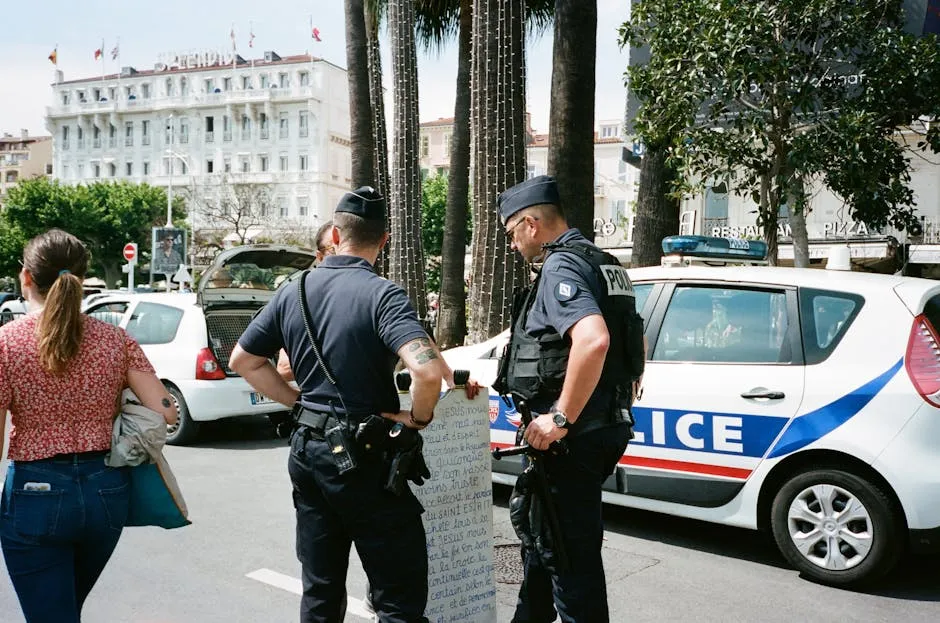 Two Police Men Standing Near Another Person Beside White and Blue Police Vehicle on Road