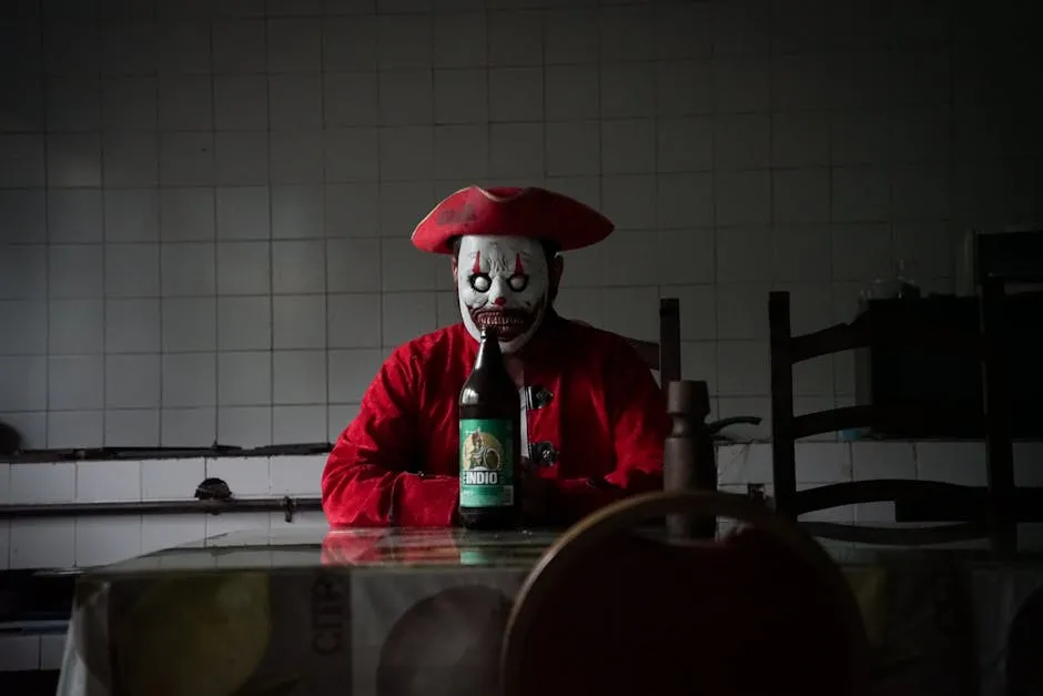 Mysterious Clown Mask Figure in Dimly Lit Room