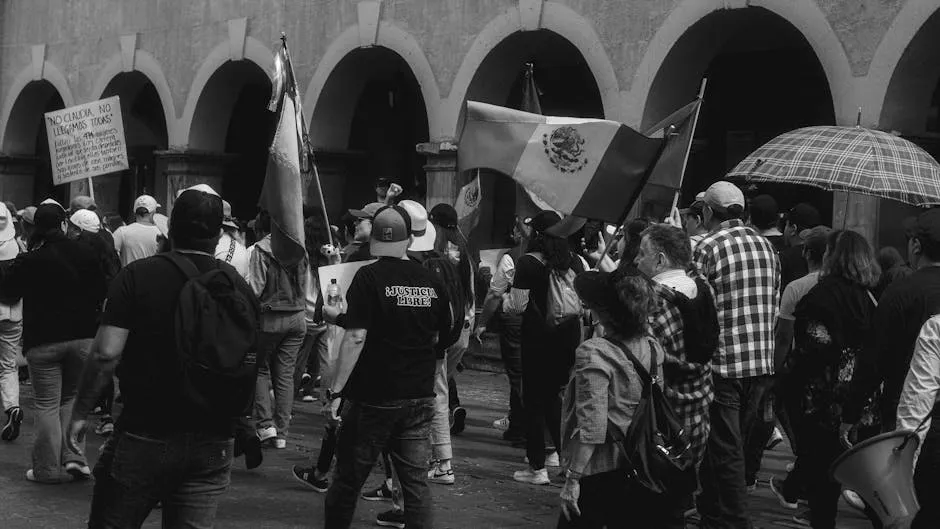 Crowd at protest holding Mexican flags, black and white imagery.