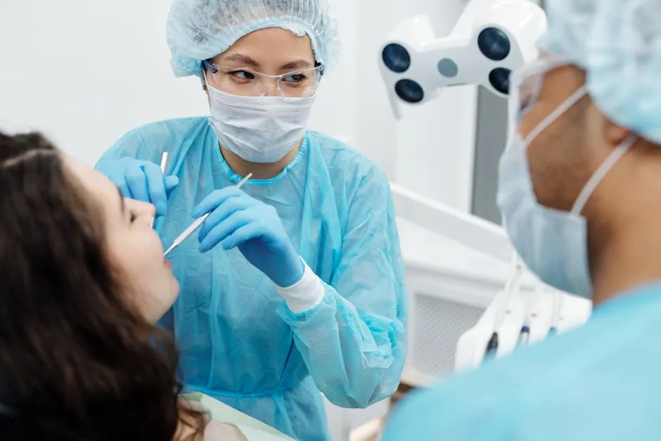 Woman in Blue Long Sleeve Scrub Suit Checking the Patient's Teeth