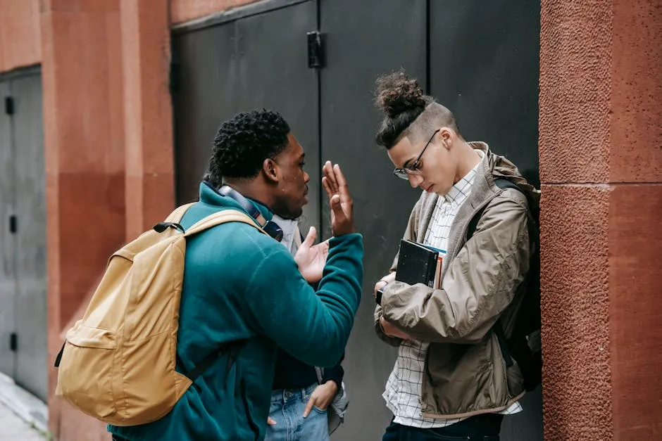 Annoyed black man arguing with friend on city street