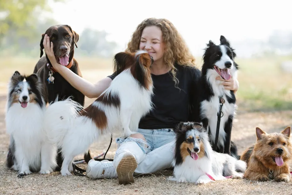 Papillon licking face of woman stroking Labrador Retriever in nature