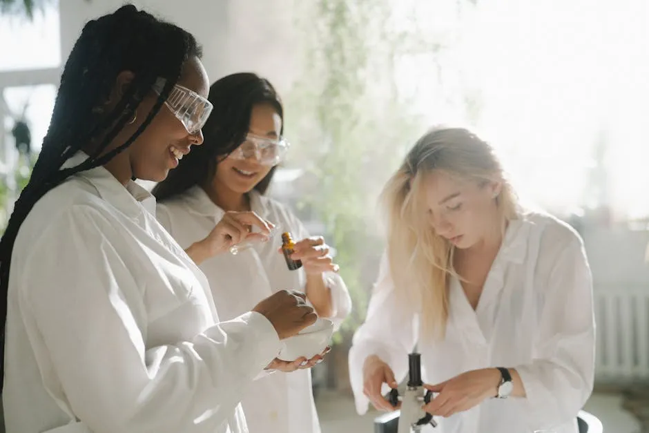 Women in Lab Coats with Test Tubes and Microscope
