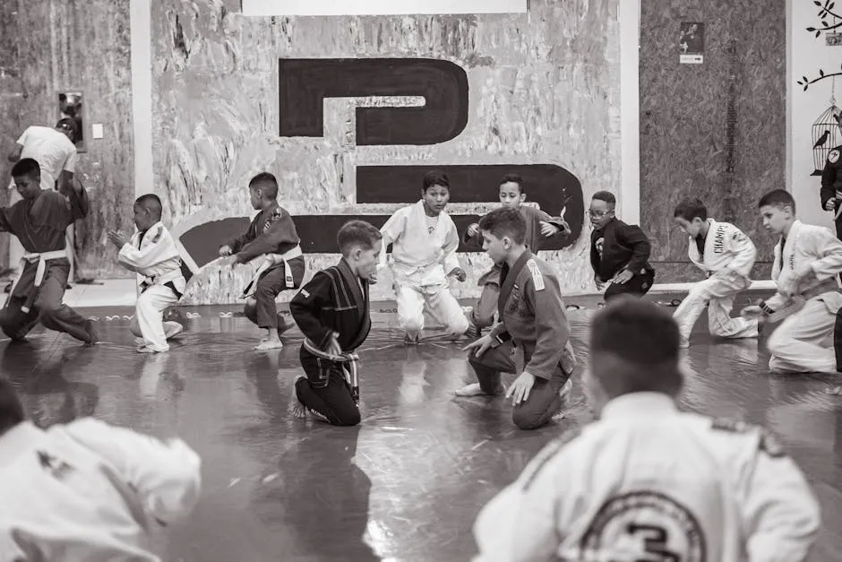 Children Practicing Brazilian Jiu-Jitsu in Class