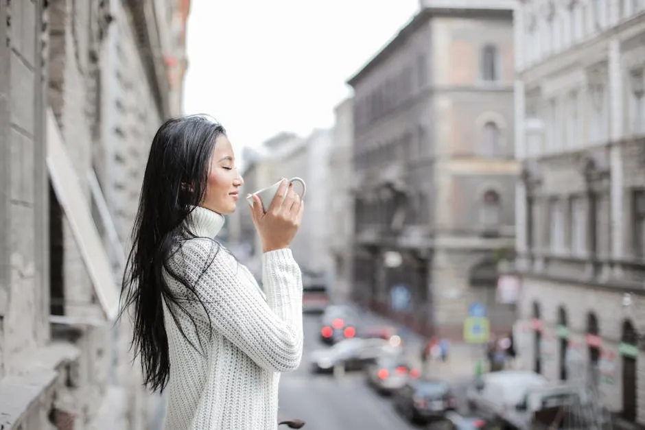 Woman Drinking Coffee Under The Sunlight