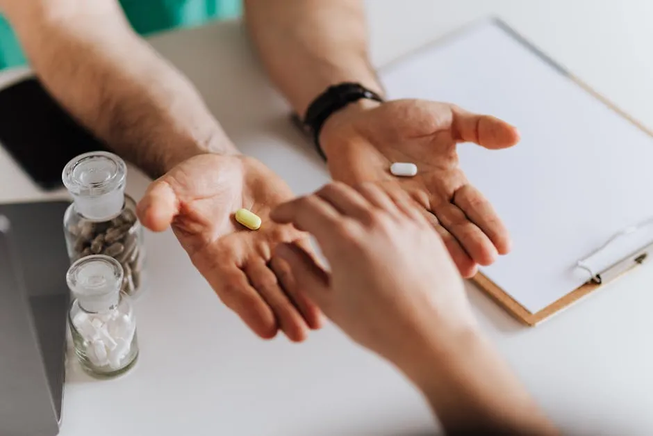 Close-up of hands exchanging pills in a clinical environment.