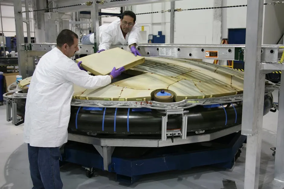 Professional mechanics installing spaceship detail at factory
