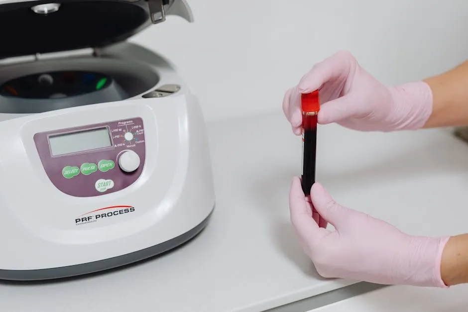 Person Wearing Gloves Holding a Test Tube Near a Medical Equipment