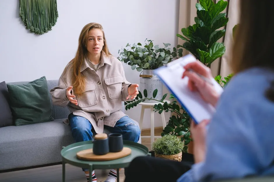 A woman engages in a therapy session, discussing issues with a counselor inside a modern office.