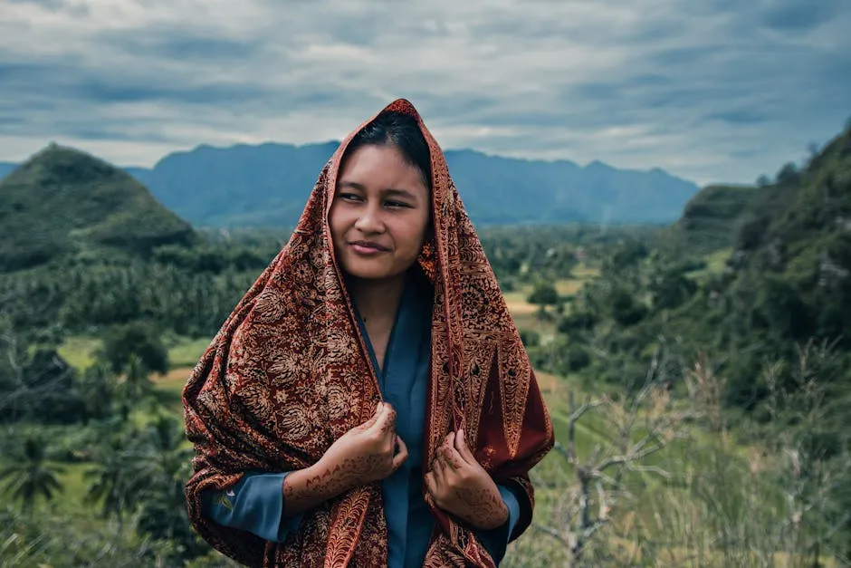 Portrait of a Woman in a Countryside with a Decorative Headscarf