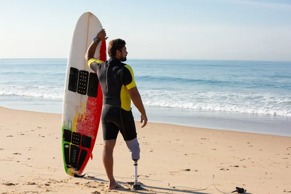 Male amputee surfer standing with surfboard on beach