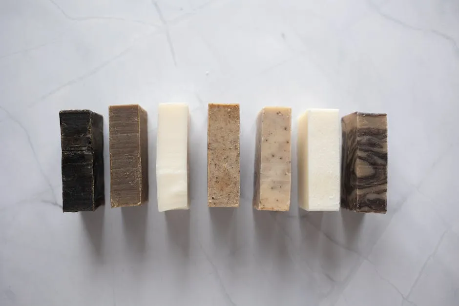 Collection of natural soaps placed on marble table
