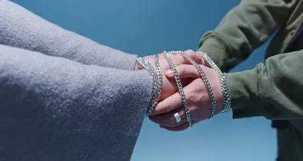 Horizontal video: Close up of people holding hands while tied up in chains 7678555. Duration: 23 seconds. Resolution: 4096x2160