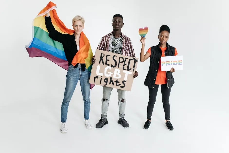 Group of People Protesting with a Rainbow Flag and a Protest Sign