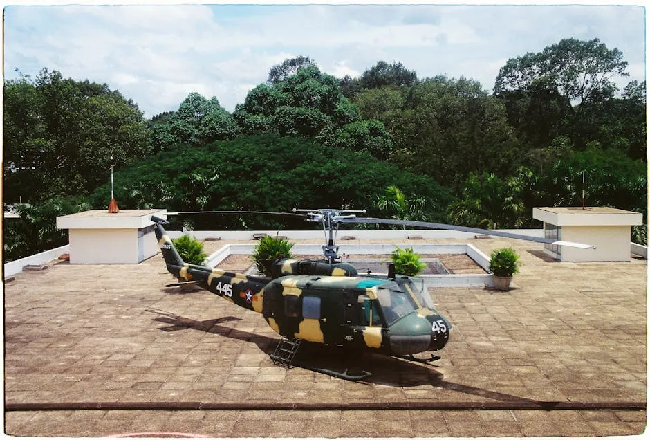 Old Helicopter UH-1 on the Roof of the Independence Palace in Ho Chi Minh City, Vietnam