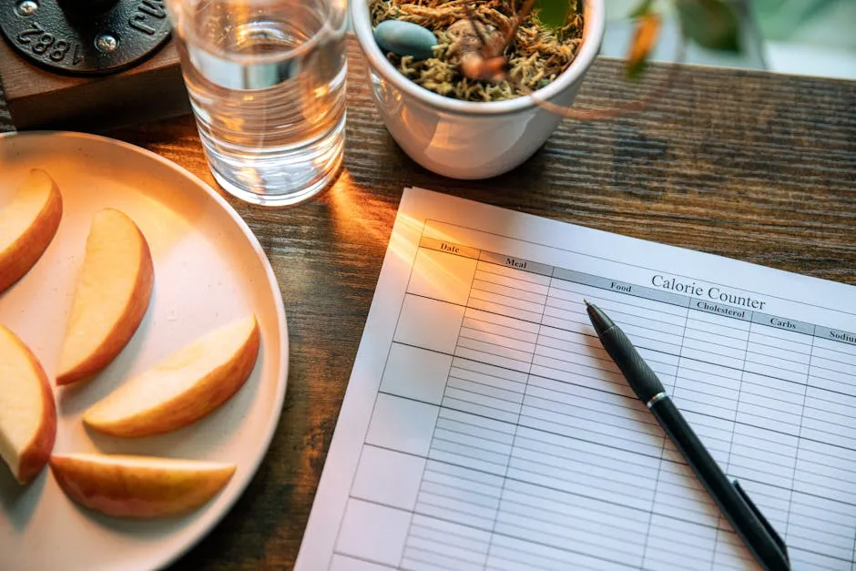 Glass of Water and Pieces of Apple by Calorie Counter Table