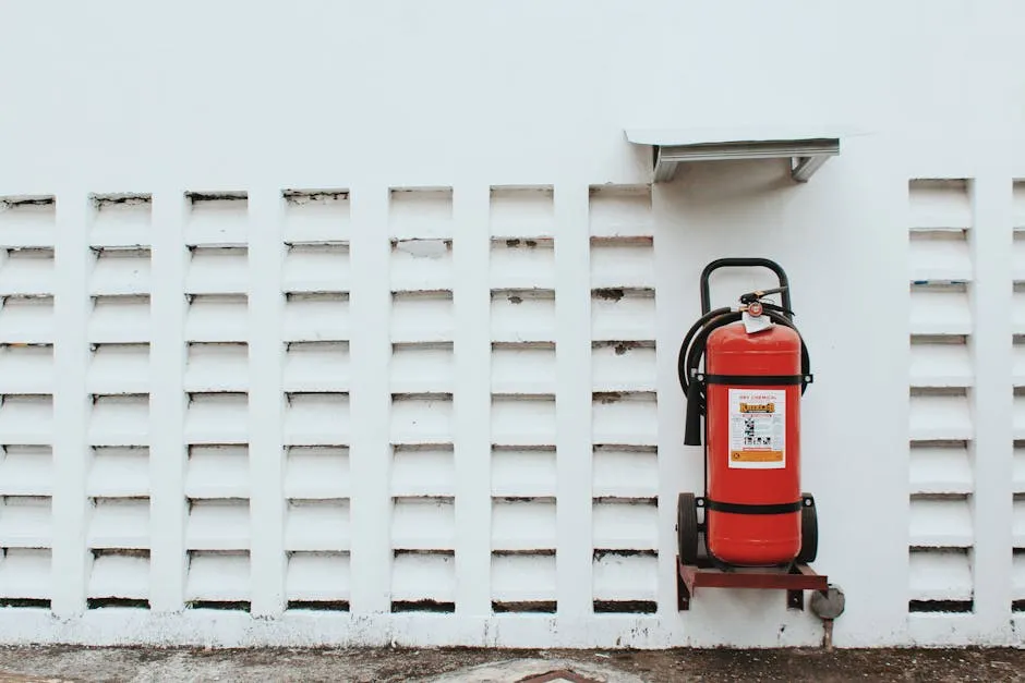 Minimalist image of a red fire extinguisher mounted on a white wall, emphasizing safety.