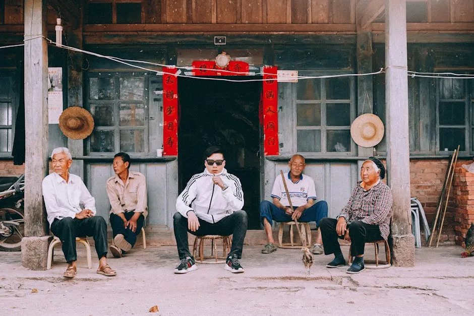 A diverse group of people sitting outside a rustic building with traditional decorations, conveying community life.