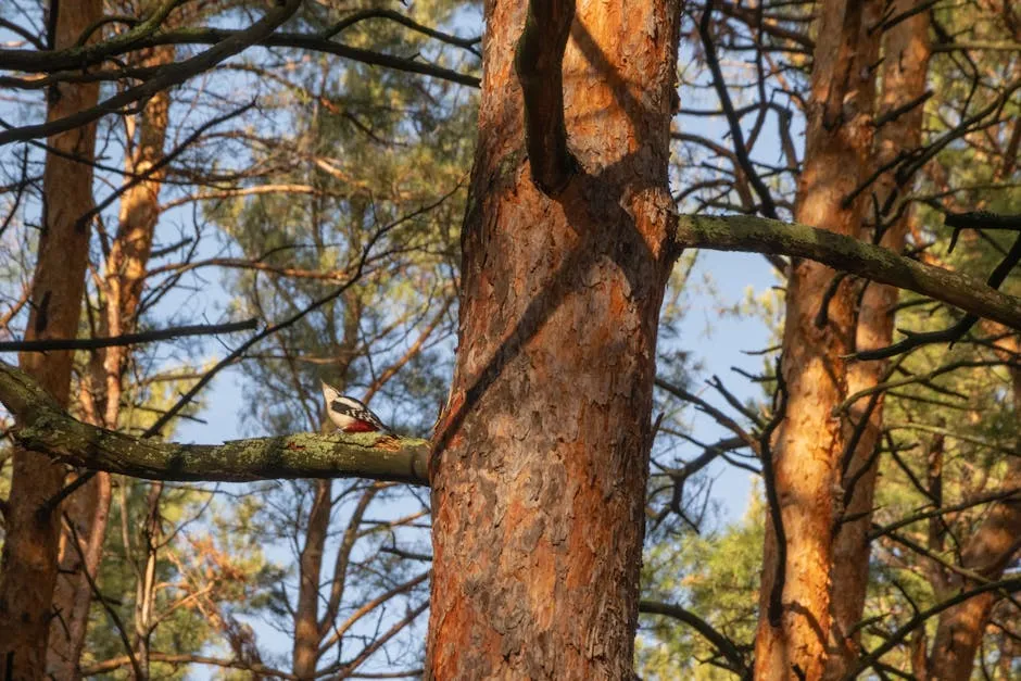 A majestic woodpecker perched on a pine branch in a sunlit Altai forest.