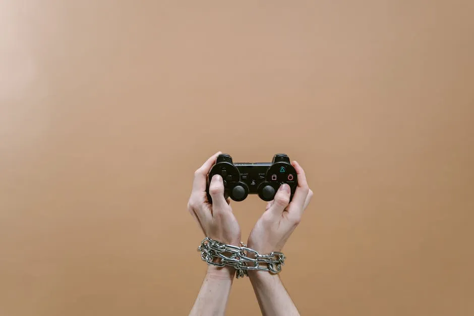 Conceptual image of hands in chains holding a game controller symbolizing gaming addiction.