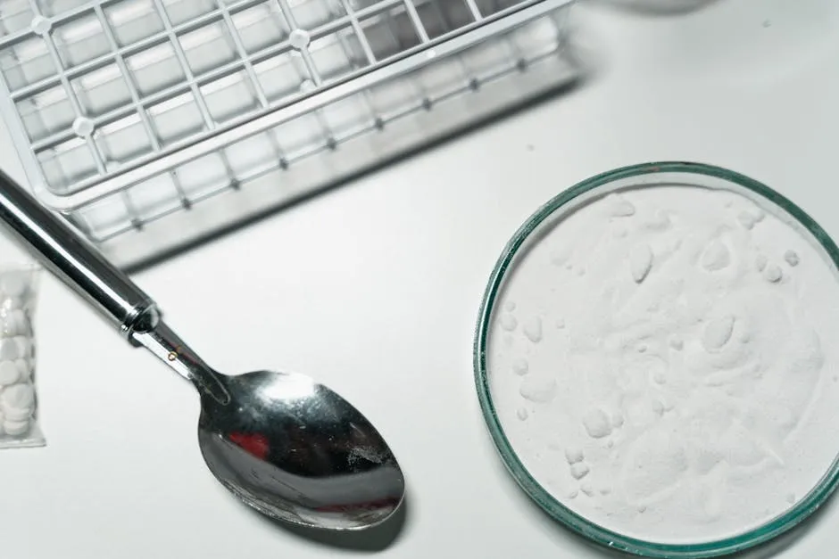 Metal spoon and white powder on a white countertop, suggesting substance use.