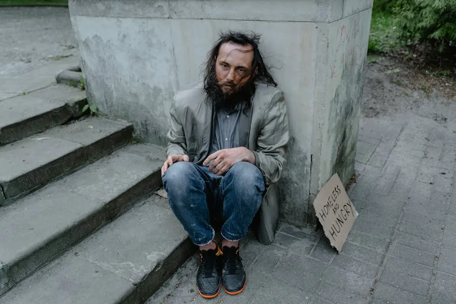 A person sitting on steps outdoors with a sign expressing homelessness and hunger.