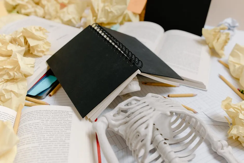 A symbolic display of academic burnout with a notebook, skeleton, and crumpled papers.