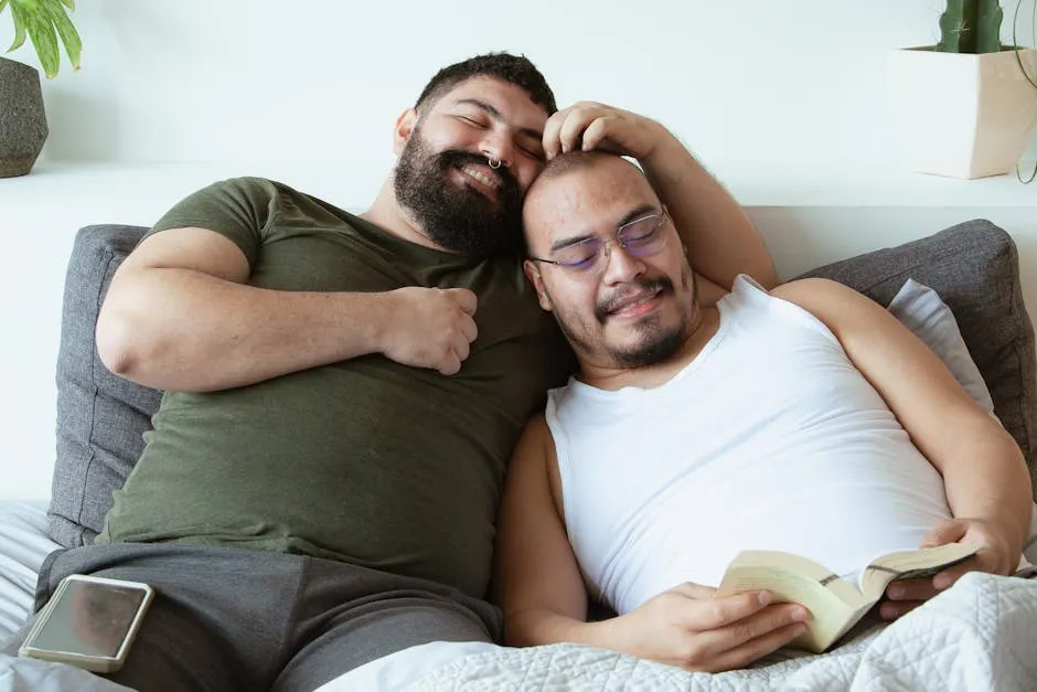 A joyful couple relaxing together in bed, one reading and both smiling, showcasing intimate moments.