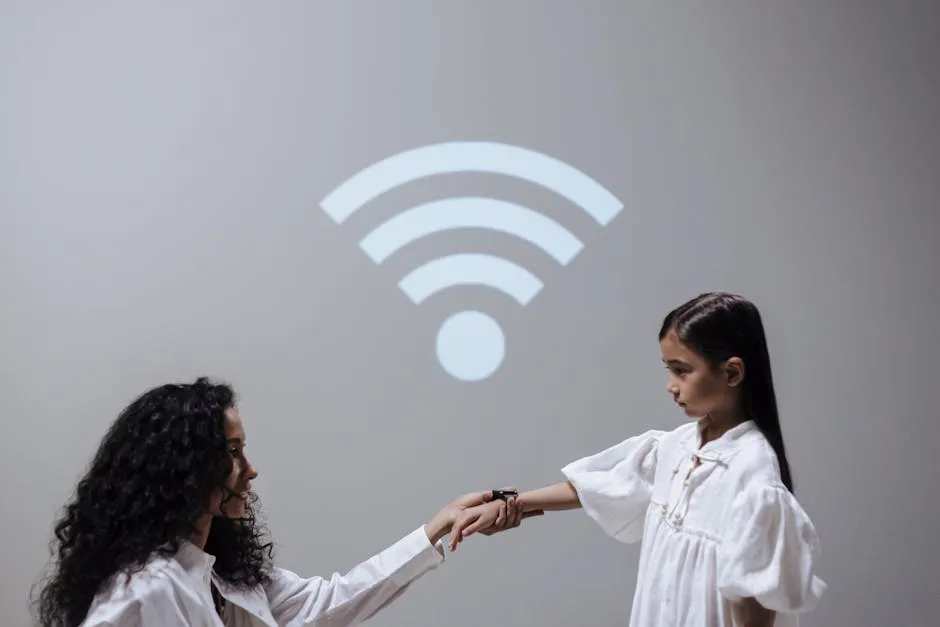 A mother and daughter holding hands with a Wi-Fi symbol, symbolizing modern connection.