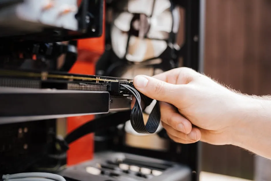 Close-up of a hand connecting components inside a desktop computer, showcasing technical precision.