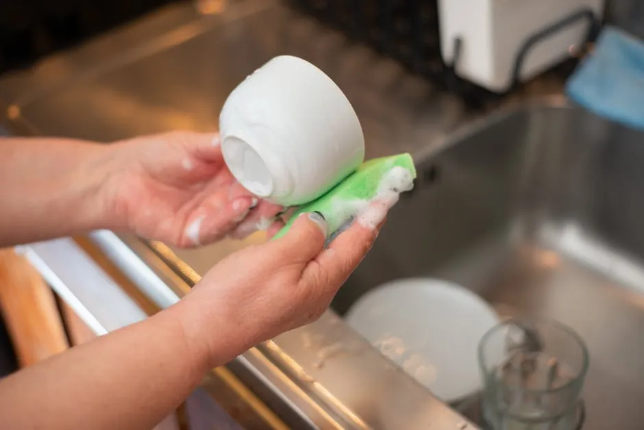 Close-up of hands washing a white cup with soap using a sponge over a kitchen sink.