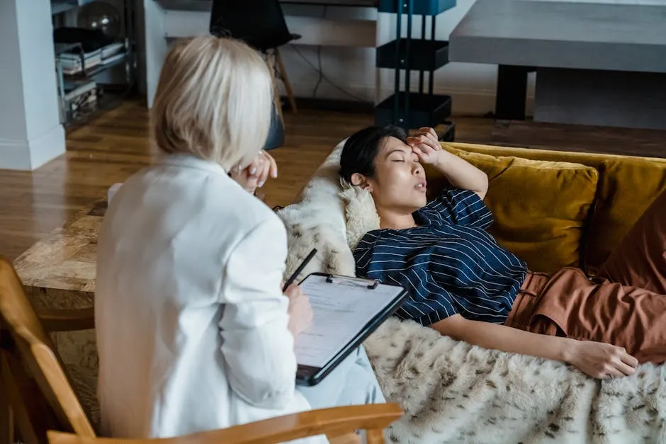 Woman in therapy session lying on couch, discussing emotions with a therapist taking notes.