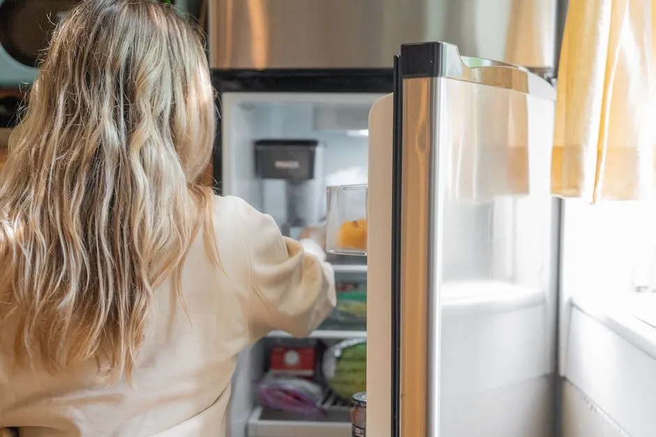 Back view of a blonde woman retrieving food from a refrigerator in a bright kitchen.