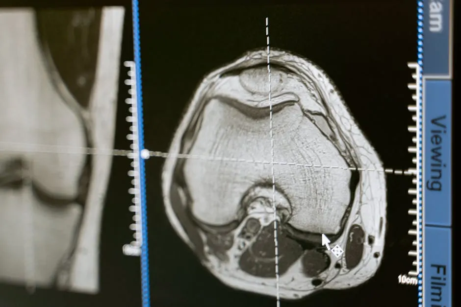 Close-up of an MRI scan displayed on a medical monitor, showcasing diagnostic medical imaging technology.