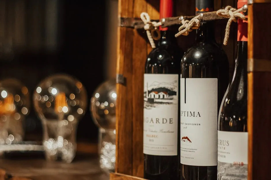 A set of elegant wine bottles displayed in a wooden rack, enhanced by warm bokeh lighting.