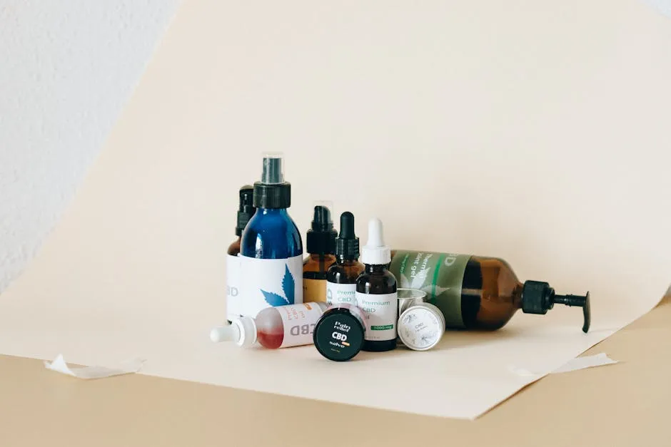 A collection of CBD products including oils and sprays in a studio setup with neutral background.