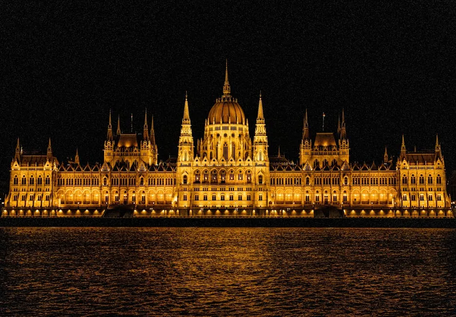 Illuminated Facade of the Hungarian Parliament Building